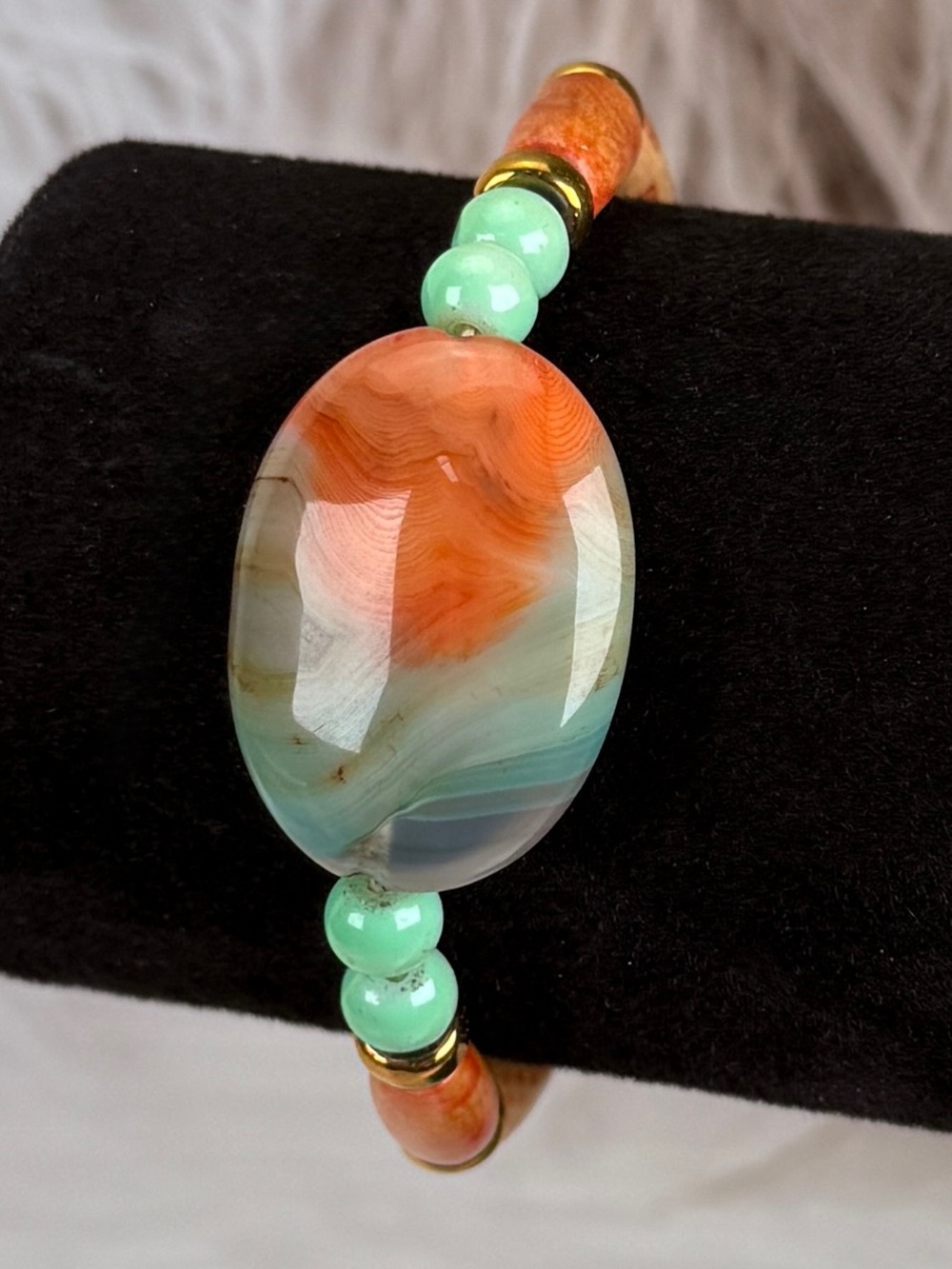 Natural Agate Beaded Bracelet Aqua Orange Gemstone Toggle Clasp Boho